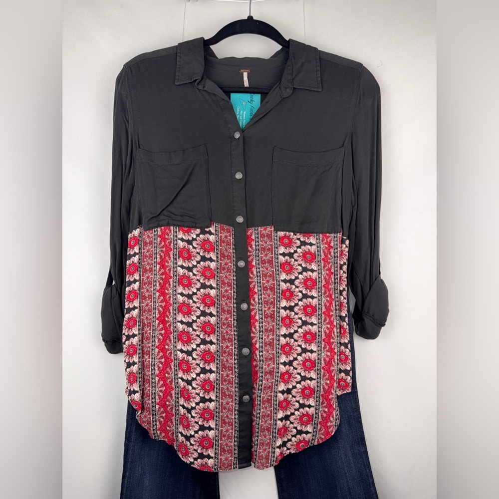 Free People Black & Red Floral Button-Down Shirt